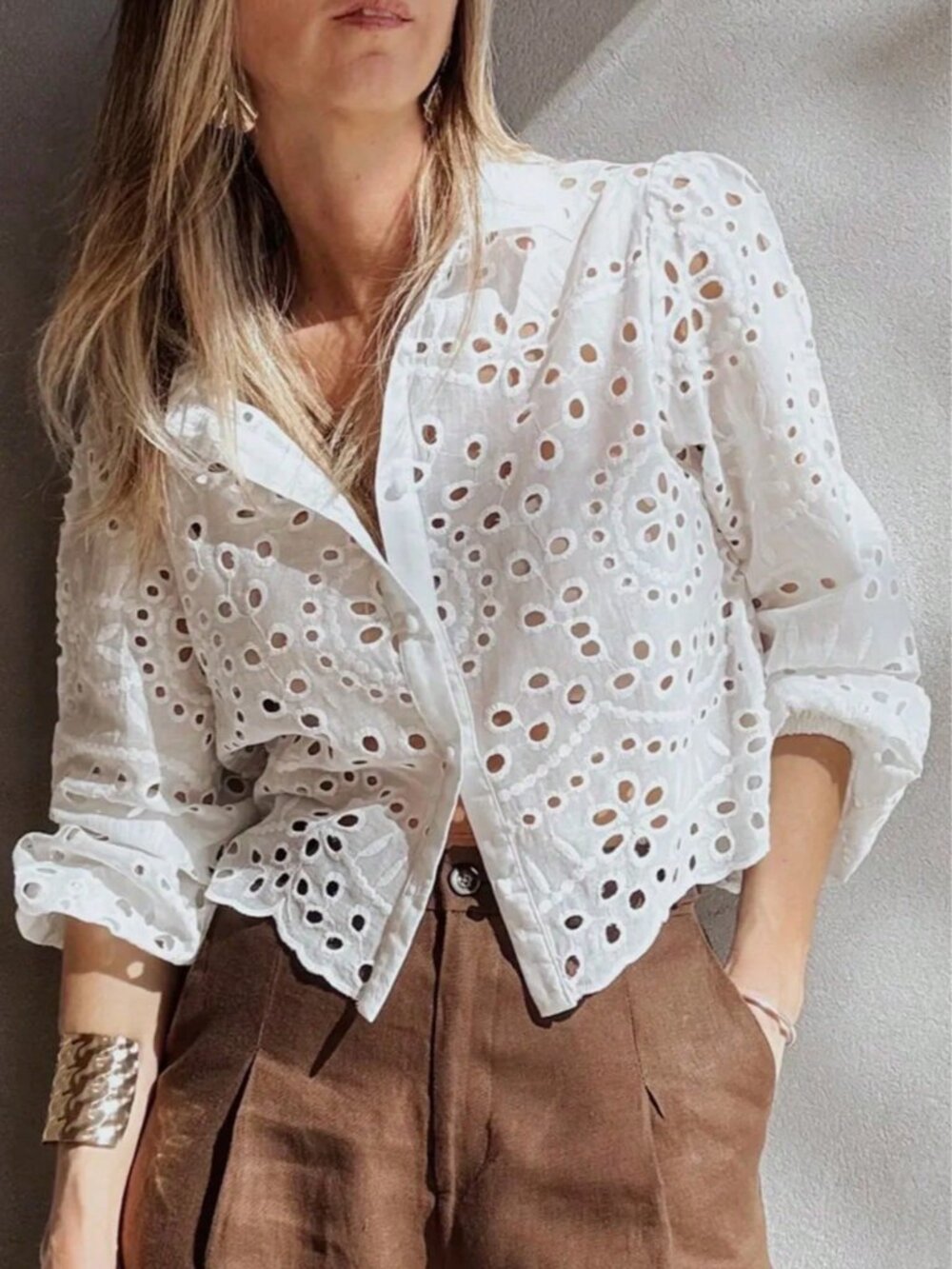 White Boho Women's Single-Breasted Embroidered Hollow Casual Vacation Shirt - Picture 5 of 8